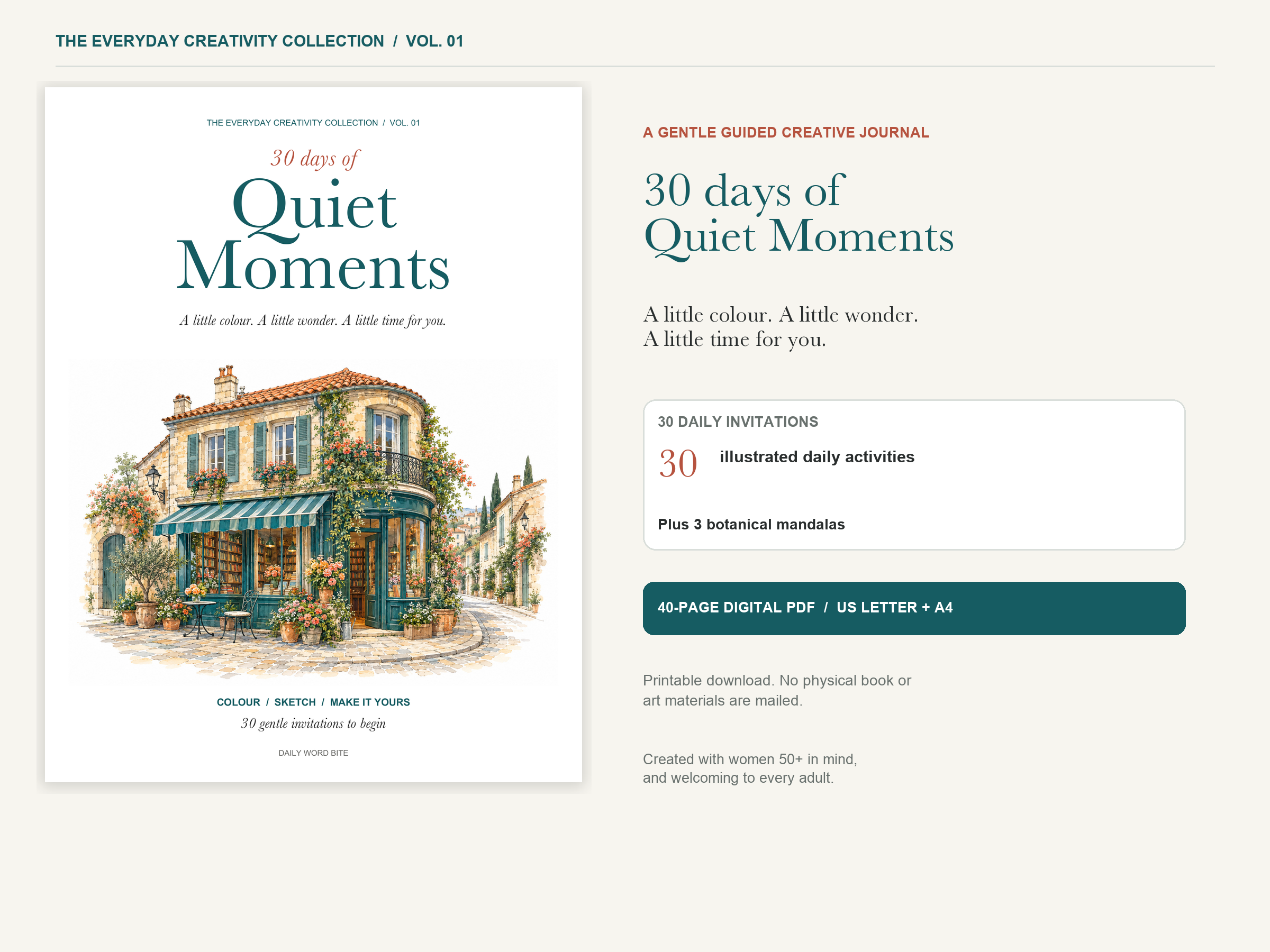 Cover of 30 Days of Quiet Moments, a printable guided colouring journal from Daily Word Bite.